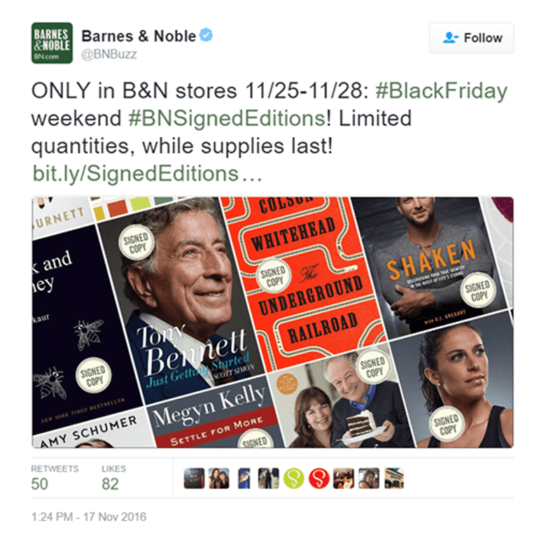 A screenshot of a tweet showing Barnes and Noble's signature editions campaign.